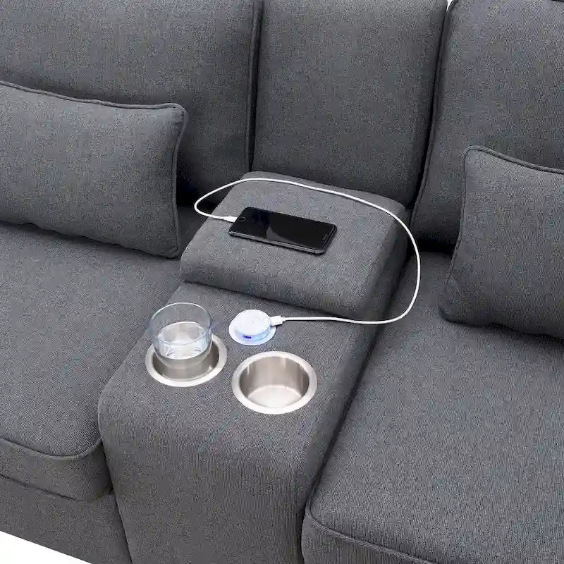 Čalouněná pohovka s konzolí, 2 držáky nápojů a 2 USB porty pro kabelové nebo bezdrátové nabíjení