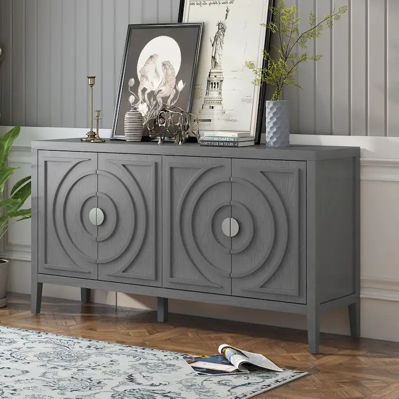 Obývací komoda s úložným prostorem a kruhovým drážkovaným designem