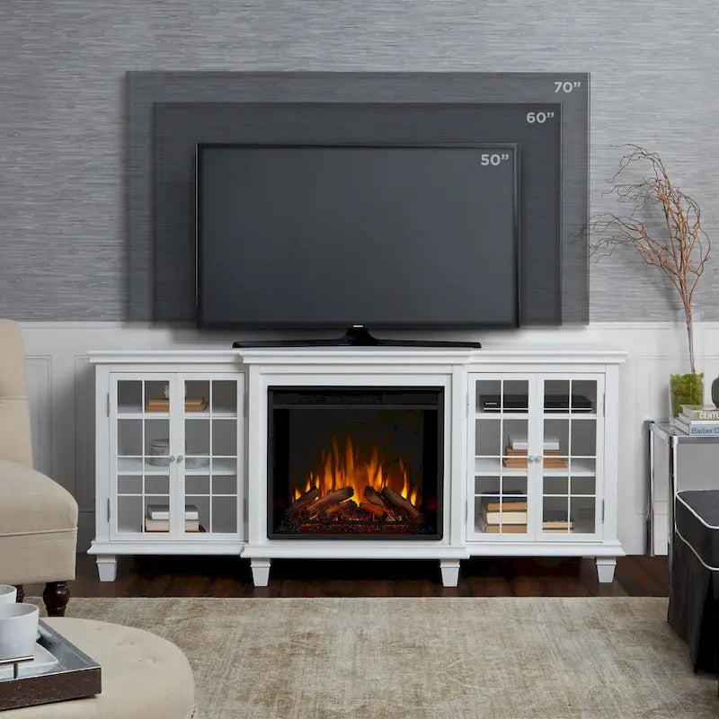 70" TV stolek s elektrickým krbem, bílý