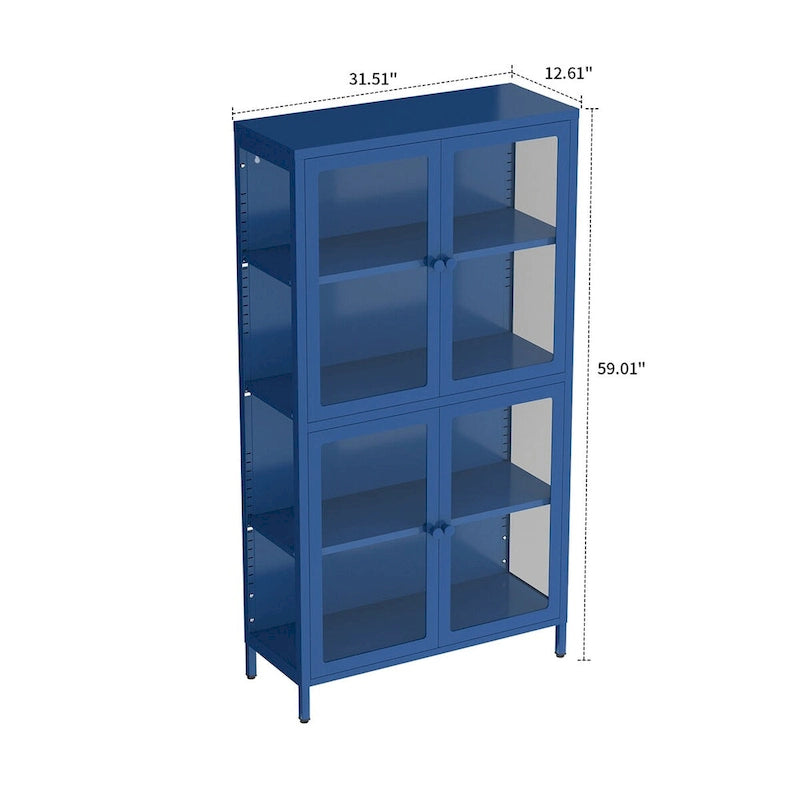 Moderní minimalistická třístranná vitrína z tvrzeného skla se čtyřmi dvířky