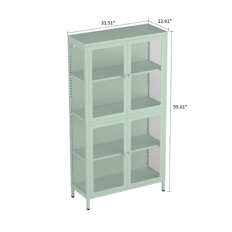 Moderní minimalistická třístranná vitrína z tvrzeného skla se čtyřmi dvířky
