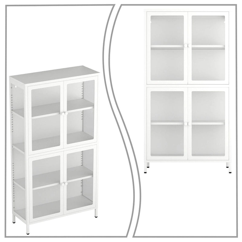 Moderní minimalistická třístranná vitrína z tvrzeného skla se čtyřmi dvířky