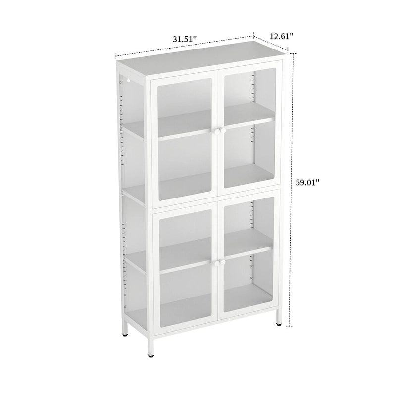 Moderní minimalistická třístranná vitrína z tvrzeného skla se čtyřmi dvířky