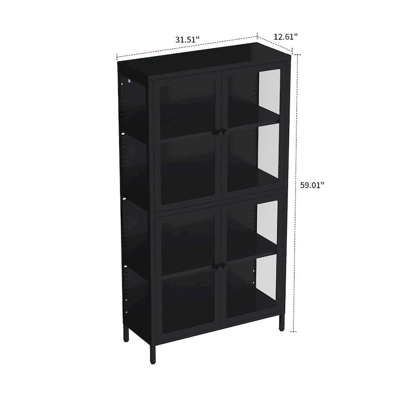 Moderní minimalistická třístranná vitrína z tvrzeného skla se čtyřmi dvířky